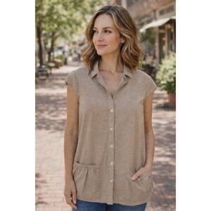 Lilith Paris Micro-Check Cotton Button-Front Top w/ Pockets Beige Size M